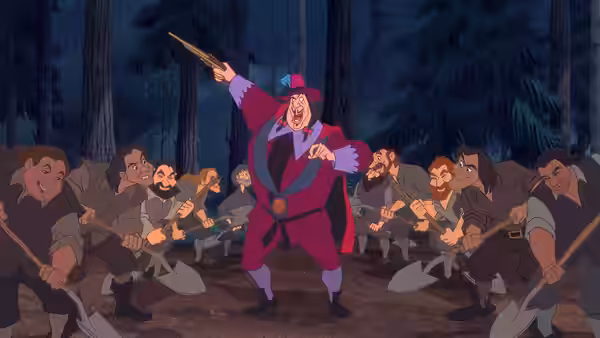 Governor Ratcliffe pointing with a sword among men with shovels in the woods