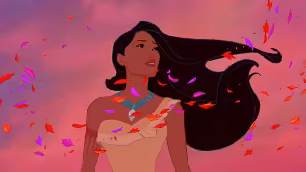 Pocahontas standing amid swirling red and purple petals under a pink sky