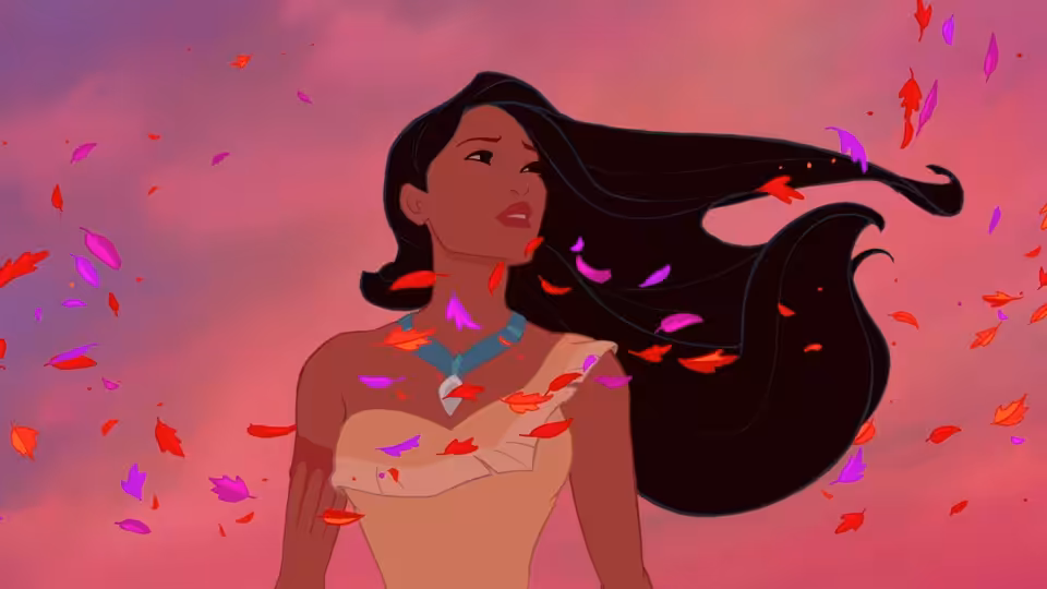 Pocahontas standing amid swirling red and purple petals under a pink sky