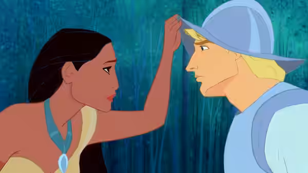 Pocahontas touching John Smith's hat while facing him in the forest