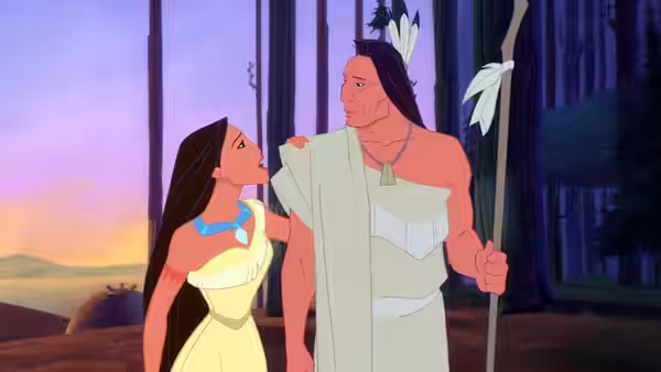 Pocahontas standing with Powhatan in a forest clearing at dusk