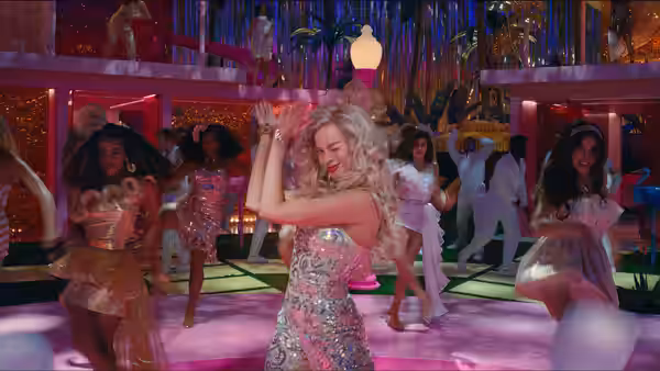 Barbie dancing energetically at a crowded party filled with other Barbies