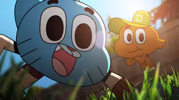Gumball lying in the grass with Darwin standing behind him