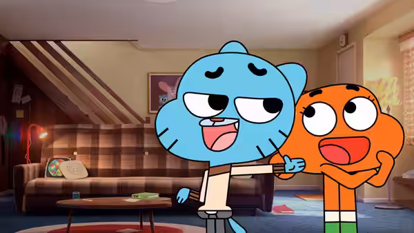 Gumball with his arm around Darwin standing in the living room