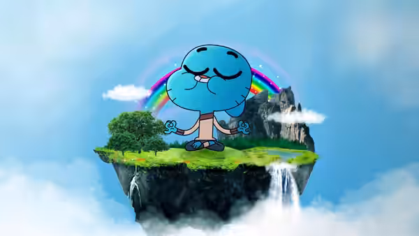 Gumball meditating on a floating island under a rainbow