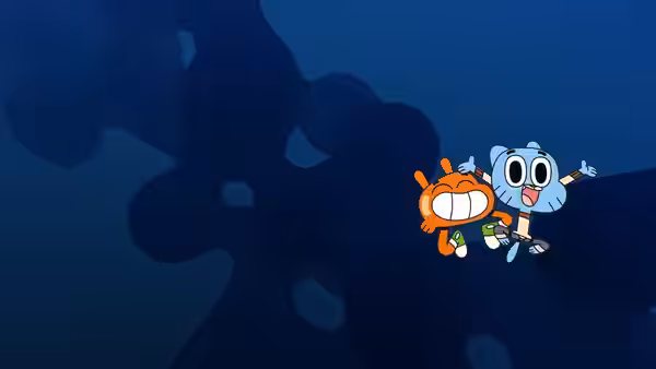 Gumball and Darwin floating together against a dark blue background