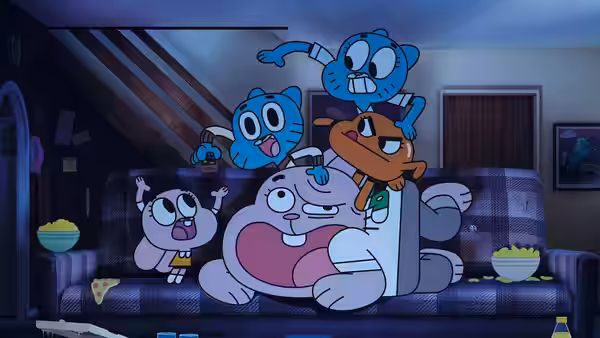 Gumball, Darwin, Anais and Richard piled on the couch at night