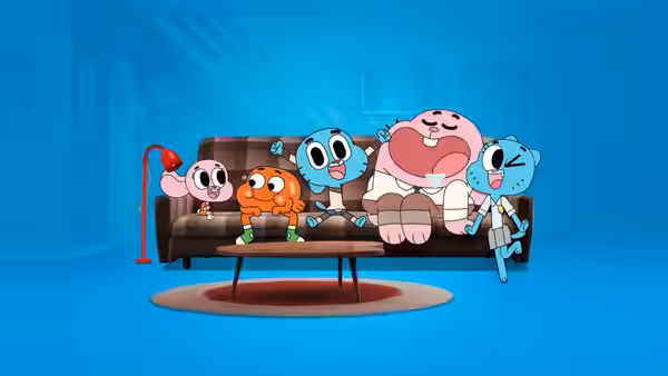 Anais, Darwin, Gumball, Richard and Nicole sitting together on the couch
