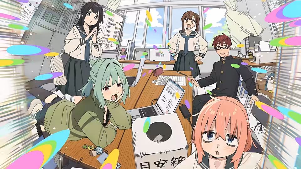 Students gather around desks as a mint-haired girl sits among scattered papers