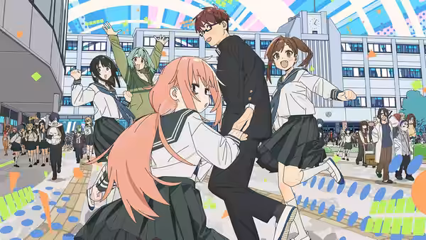 A pink-haired schoolgirl clutches a bespectacled man's leg as students run through the campus plaza
