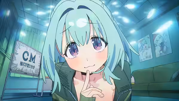 A mint-haired girl holds a finger to her lips in a classroom