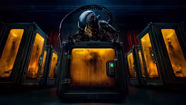 Xenomorph perched on a glowing containment unit amid dark storage chambers