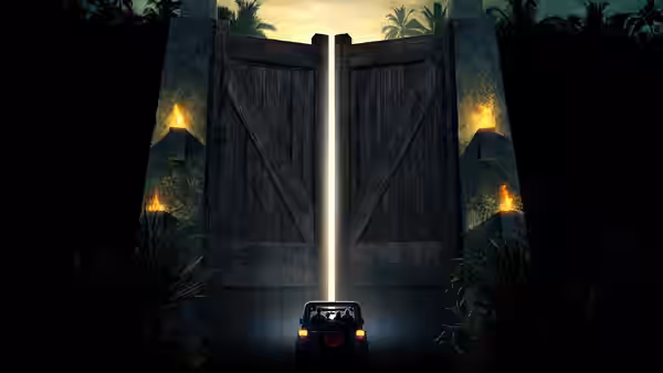 a vehicle driving toward open wooden gates illuminated by torches