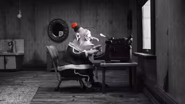 A red-haired figure types on a vintage typewriter in a dim room