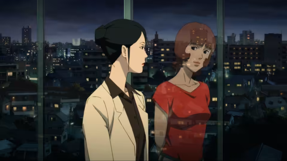 Woman in lab coat facing red-haired woman before nighttime cityscape