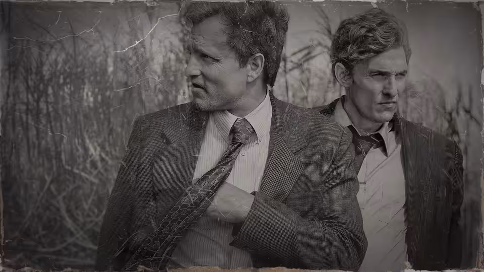 Rust Cohle (Matthew McConaughey) and Martin Hart (Woody Harrelson) in suits against a textured backdrop