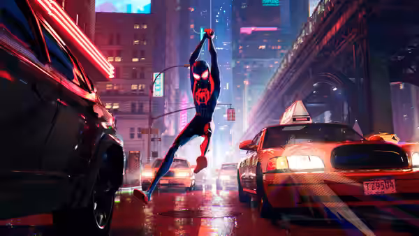 Miles Morales as Spider-Man swinging between cars on a rainy street