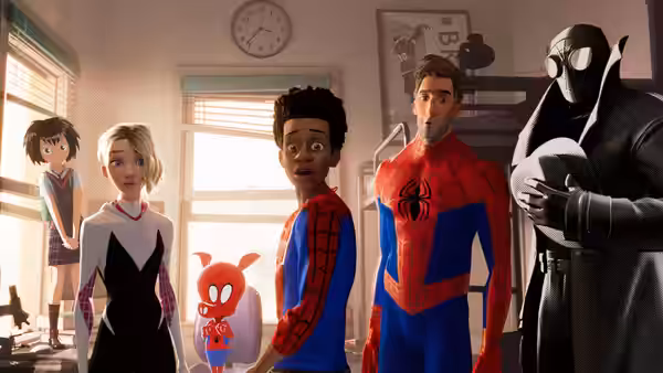 Gwen Stacy, Miles Morales, Peter Parker and allies standing in a bedroom