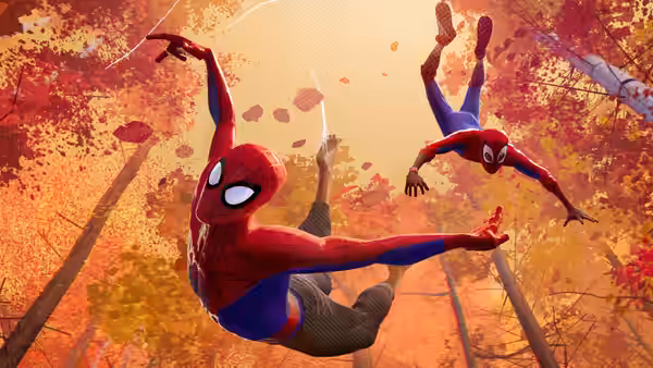 Two Spider-Men swinging through an autumn forest on webs