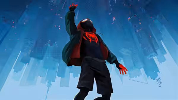 Spider-Man in a green jacket floating above a glowing city