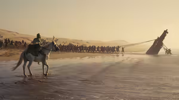 A rider on a white horse watches soldiers drag a wooden horse ashore