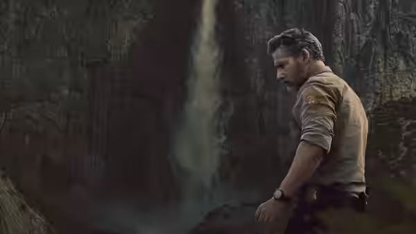 Kyle Turner (Eric Bana) looking toward a waterfall in a rocky gorge