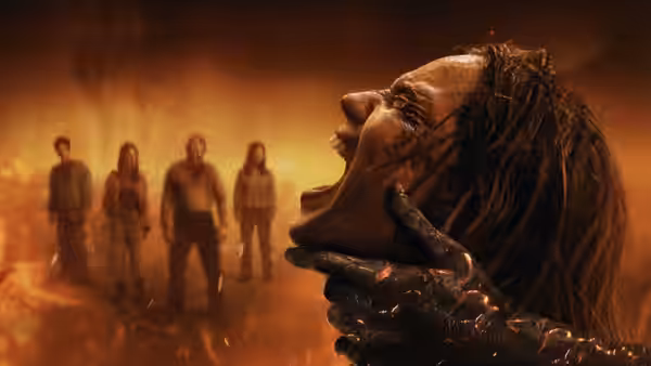 A bloodied woman with open mouth has a dark hand on her face before a fiery group