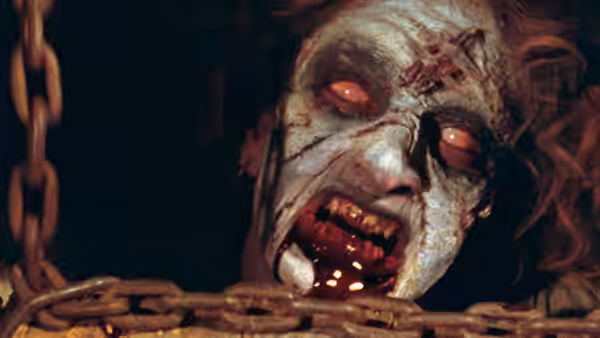 A bloodied, demonic face peers through heavy chains