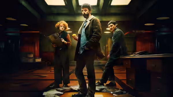 DCI Carl Morck (Matthew Goode) stands amid scattered papers in a police office