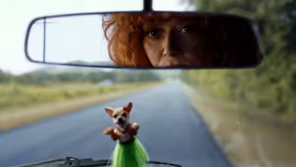 Charlie Cale (Natasha Lyonne) reflected in a rearview mirror with a small dog on the dashboard