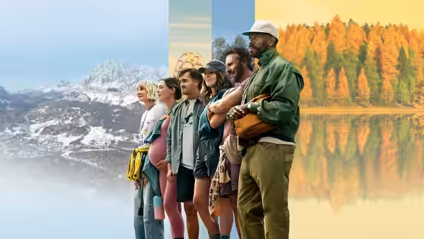 Six people standing in profile before snowy peaks and autumn trees