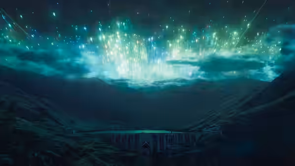 a stone viaduct crossing a dark valley beneath a glowing green sky