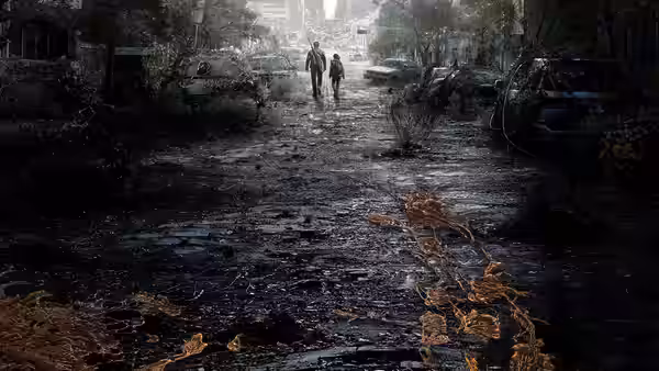 Two people walking along a flooded abandoned street