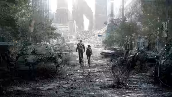 Two figures walking down an overgrown ruined city street
