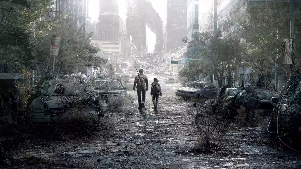 Two figures walking down an overgrown ruined city street