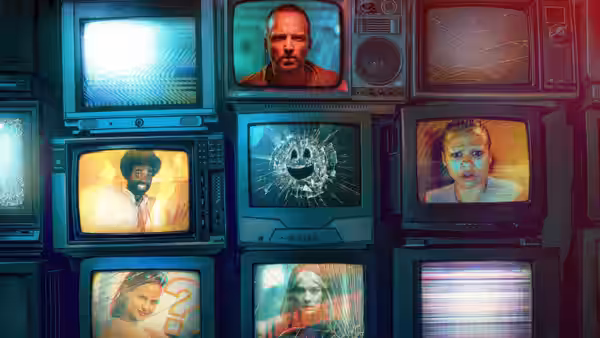 grid of vintage television monitors showing distorted faces and glitch patterns