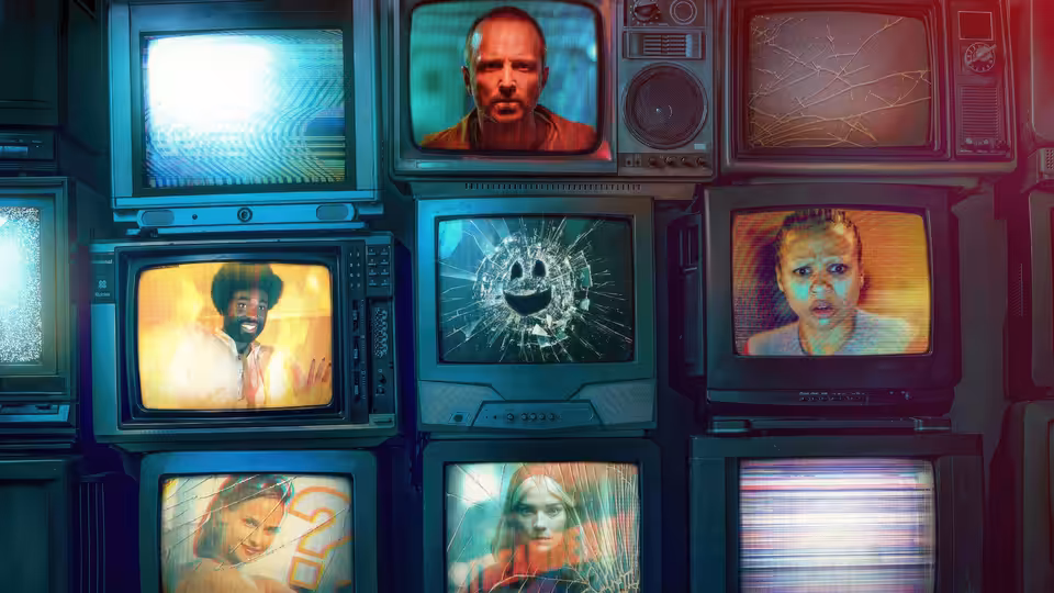 grid of vintage television monitors showing distorted faces and glitch patterns