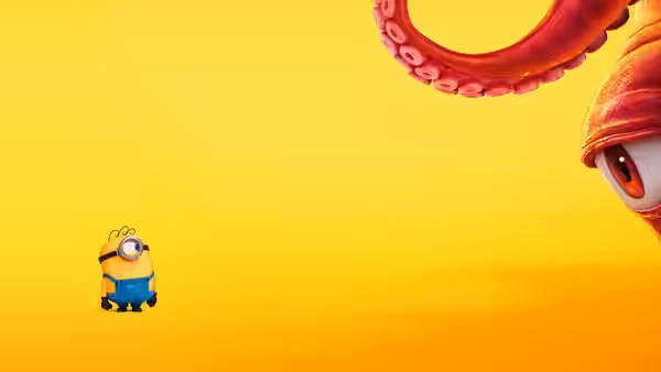 A lone minion standing before a giant red tentacled creature on yellow