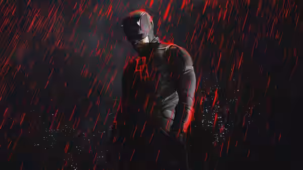 Daredevil (Charlie Cox) standing on a rainy rooftop overlooking the city