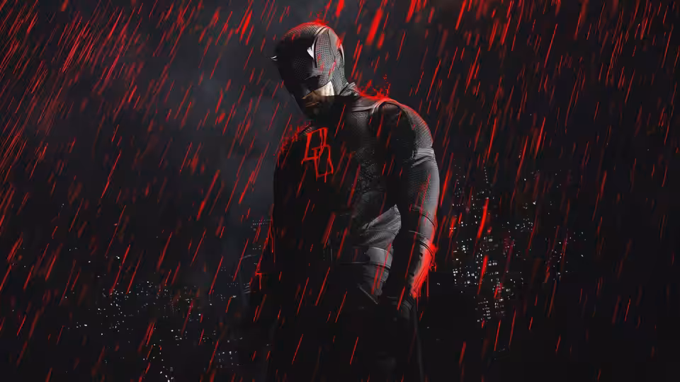 Daredevil (Charlie Cox) standing on a rainy rooftop overlooking the city