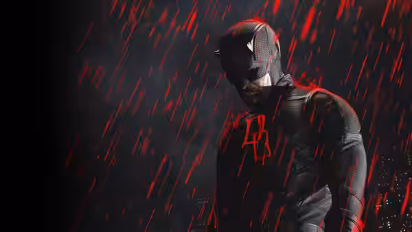Daredevil (Charlie Cox) poised on a rain-slicked rooftop at night