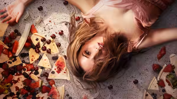 Belle Gibson (Kaitlyn Dever) lying amid scattered food on concrete floor