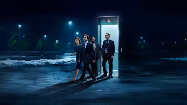 Mark Scout (Adam Scott) leading colleagues from an elevator in a parking lot