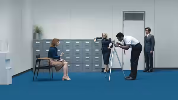 Woman seated as colleagues adjust a camera in an office