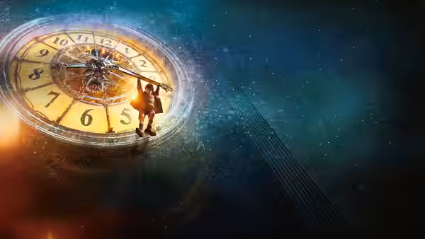 Child balancing on the hands of a clock floating in starry space