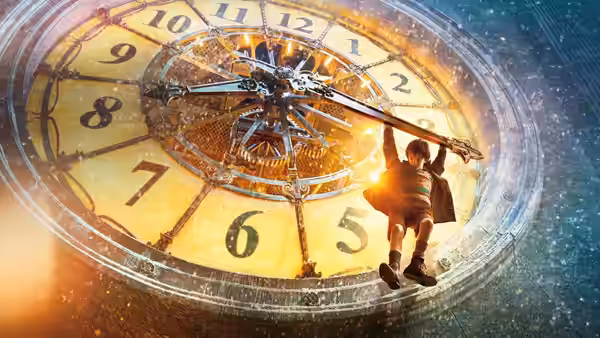 Boy gripping the hands of an ornate clock against a cosmic backdrop