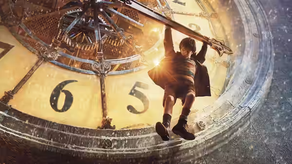 Boy clinging to the hands of a large glowing clock mechanism