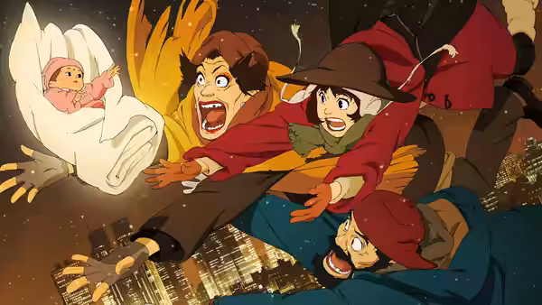 Hana, Gin and Miyuki fall through the night sky clutching baby Kiyoko
