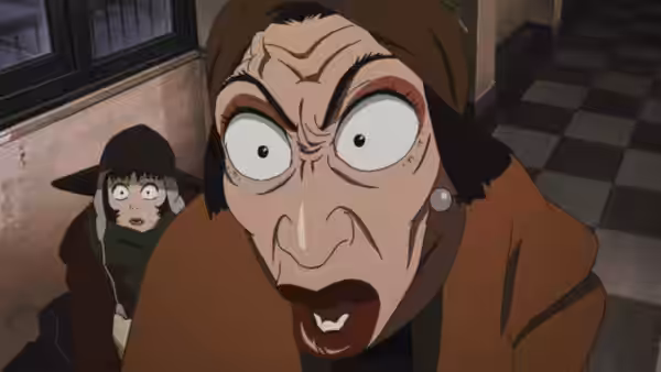Elderly woman shouts with an angry glare as Miyuki watches behind