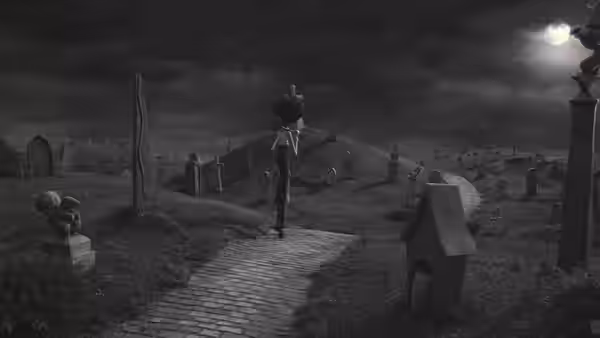 Victor walks alone along a cemetery path beneath a cloudy night sky